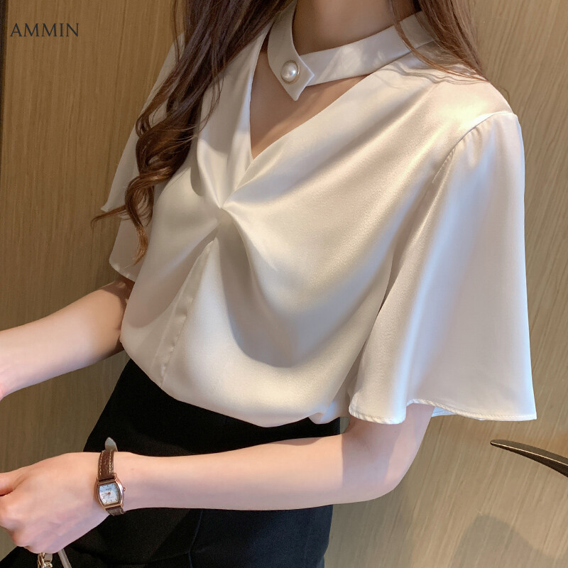 Ammin 2021 New Korean Loose Long Sleeved Striped Chiffon Shirt Lapel