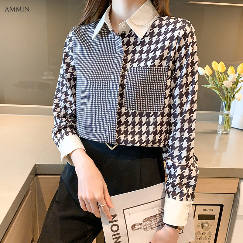 AMMIN New fashion style long-sleeved retro plaid print shirt for women's lapel commuter button cardigan mulberry silk blouse top