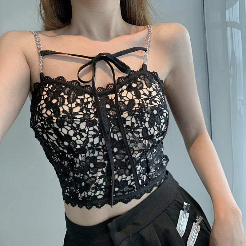 Magiclady Y2k T-shirt for Women Lace Flower Vest Sleeveless Tie-Up Metal Chain Shoulder Strap Slim Fit Cropped Tank Tops Streetwear Summer
