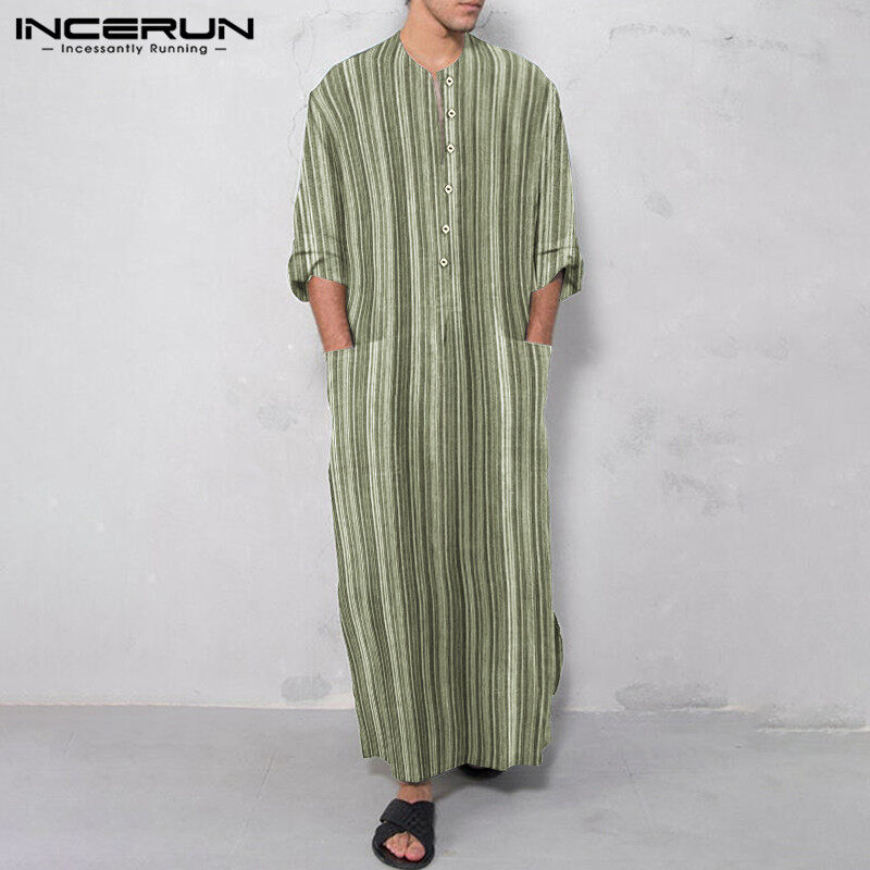 (Muslim)  INCERUN MensชุดมุสลิมแขนยาวVINTAGEลายKaftan Thobe Saudi Jubba Arab Long Robe