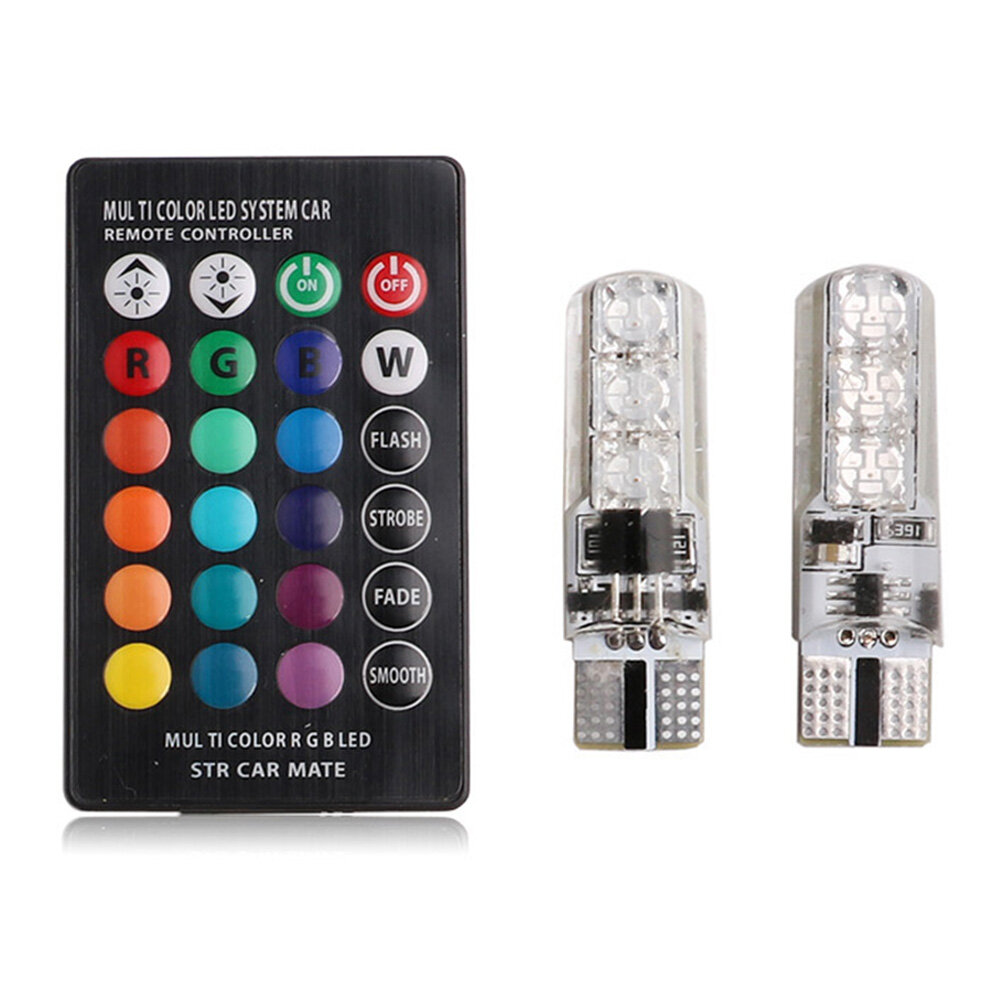 2PCS 6SMD RGB LED T10 5050 Multi Color Light Car Wedge Remote Control Bulbs