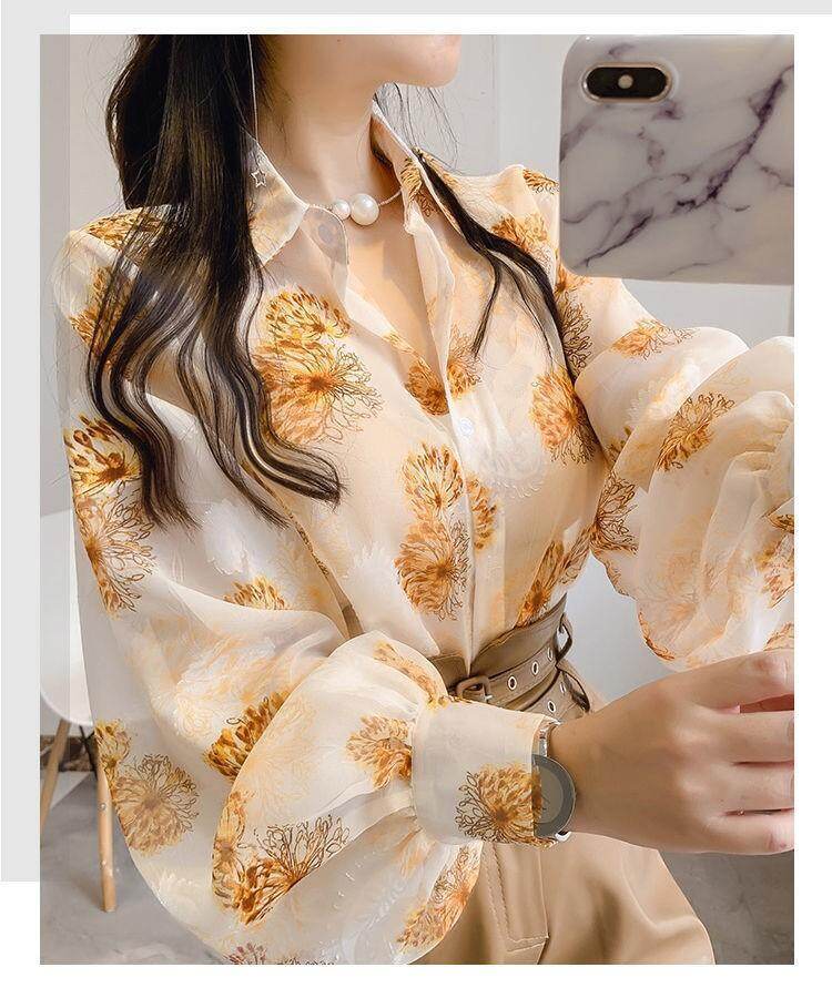 Shirt Woman High-end Color Sunscreen Clothing Spring and Autumn Loose Floral Blouse Woman Lapel Splicing Lantern Sleeve Shirt Woman
