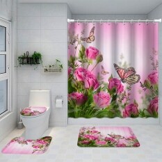 【Thảm queena】 hoa hồng màu hồng rèm tắm Bộ Rèm bồn tắm bướm có thảm hoa nở Thảm đồ trang trí phòng tắm và Bộ thảm với móc