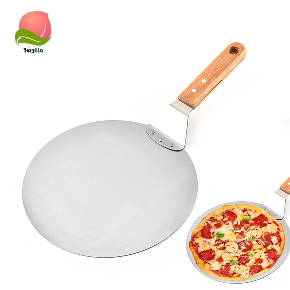 Terylin Round Wooden Handle Stainless Steel Cake Pizza Shovel Home Kitchen Baking Tool