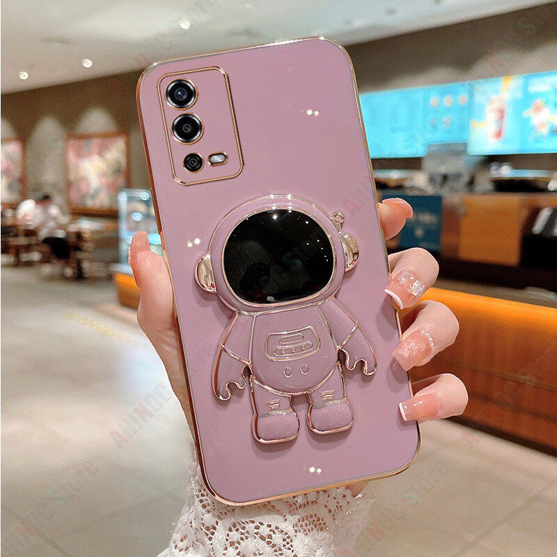 Astronaut Holder Phone Case For OPPO A55 Luxury Electroplated Soft TPU Case + Bracket