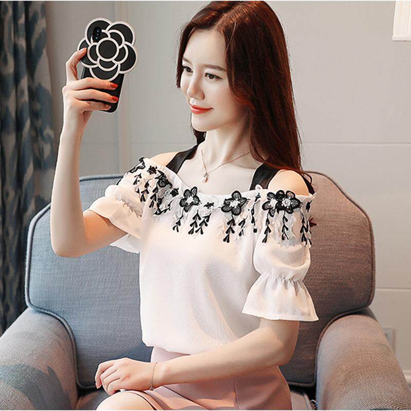 Stitching shoulder off shirt lace and chiffon splicing ruffle sleeve Summer Shirt