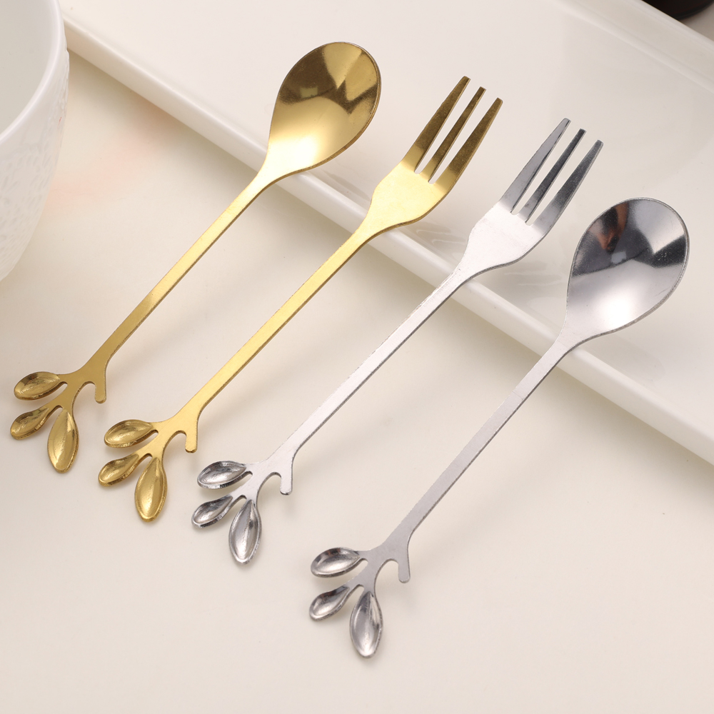 1/4PCS Creative Leaf-shaped Stainless Steel Spoon Fork Set Household Fruit Salad Ice Cream Spoon