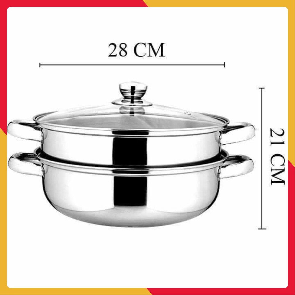 Nồi hấp kiêm nồi lẩu 2 tầng Inox nắp kính 28cm - dùng cho bếp từ