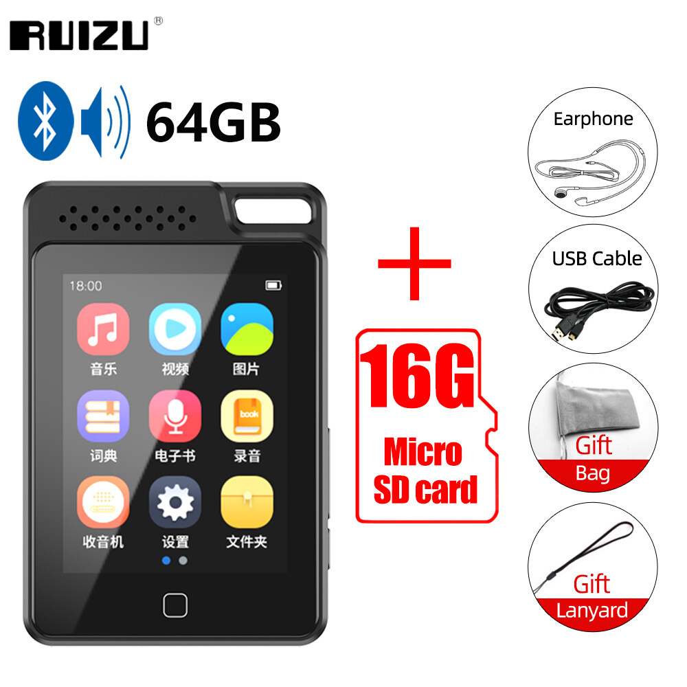 RUIZU C1 Bluetooth MP3 Player With Built-in Speaker Touch Screen HD Video Playing Device 16G 32G 64G Portable Sport Music MP4 With Lanyard Hole Support A-B Repeat Calculator FM Radio Picture Browsing Voice Recording Calendar Alarm Clock TF Card Expansion