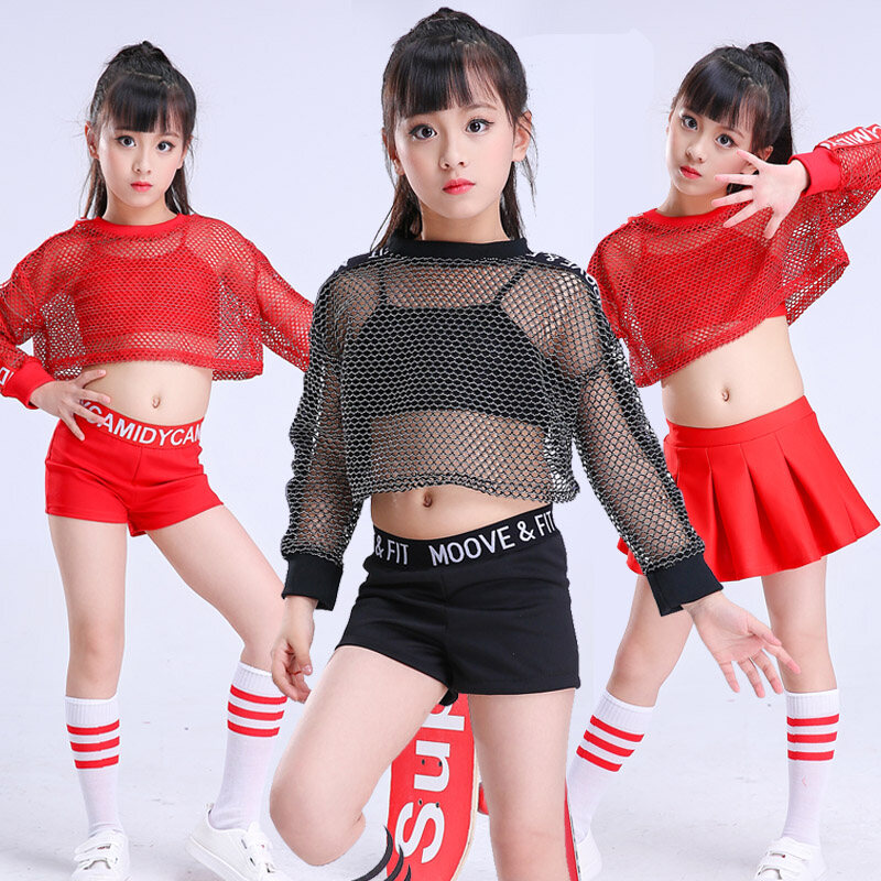 LOlanta 5Pcs Girls Red/Black Hip Hop Mesh Crop Top Jazz Dance stage Performance Costume Glitter Sequin Clothing Lace skirt attach Socks Headband