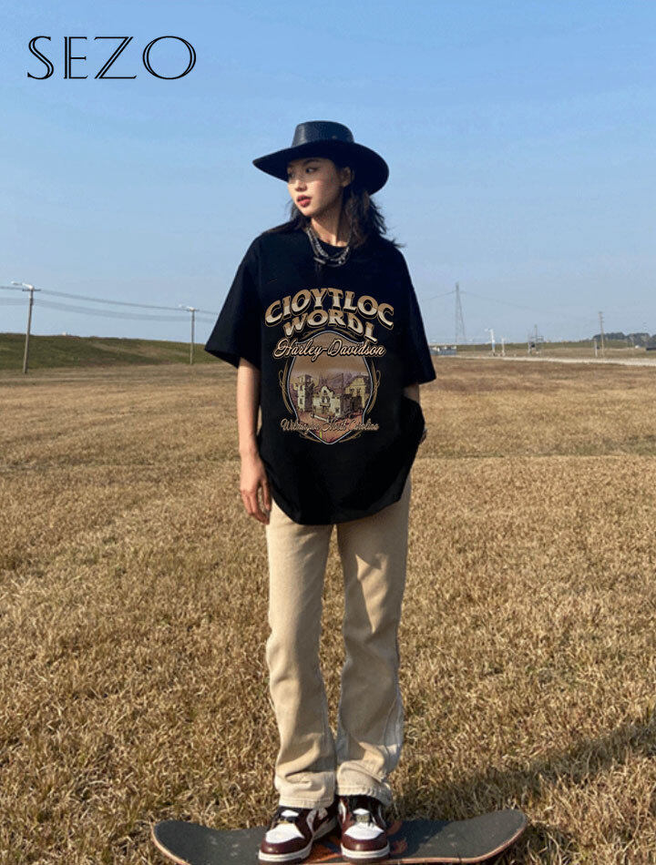 SEZO Áo Thun Nữ Tay Ngắn Cổ Tròn Oversize