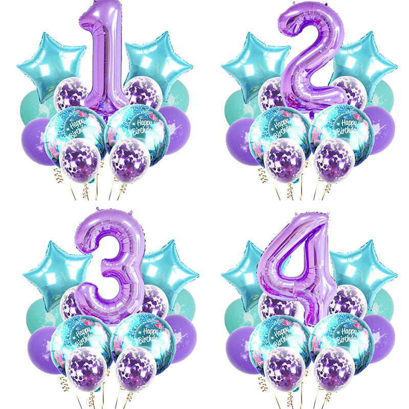 14pcs Balloons Set 40-inch Digital Balloons Beautiful Mermaid Pattern Party Aluminum Latex Balloons for Kids Birthday Party Decoration