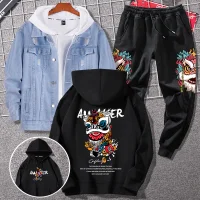 men's trendy casual printed hoodies suit