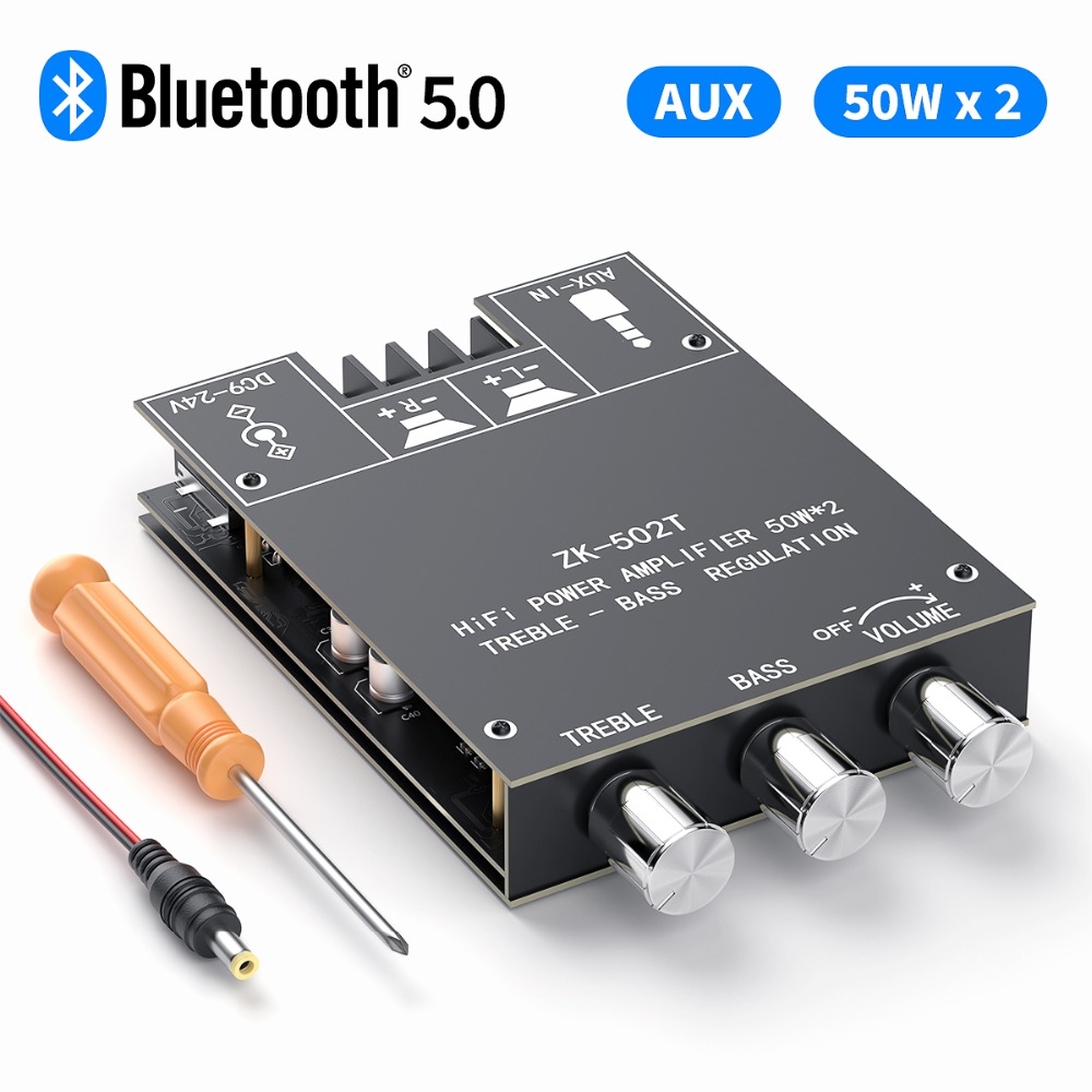 Zk-502t 50wx2/zk-1002t 100wx2 2.0 channel power stereo audio amplifier board high bass adjustment 502t/1002t bluetooth 5.0 dual channel tpa3116