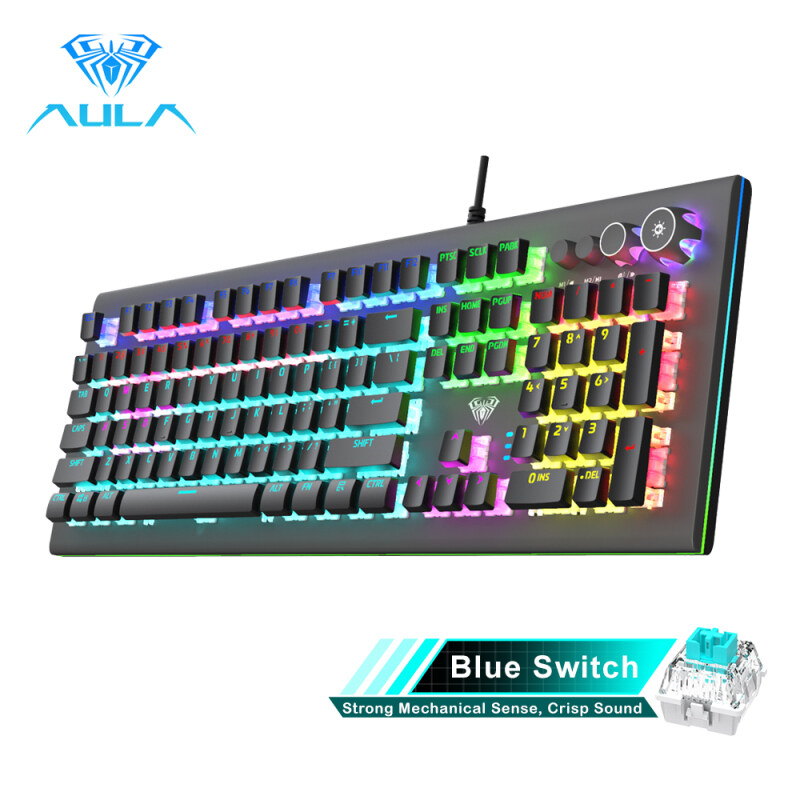 AULA S2096 Mechanical Gaming Keyboard Multimedia Alloy lighting Knob 104 keys Anti-ghost Marco Programming Backlit keyboard for PC Game Singapore