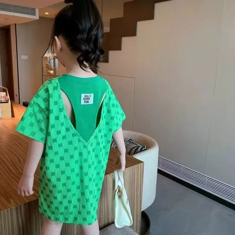 BAOLONGXIN Dress girls in the long section of the summer clothes in the middle school children temperament short-sleeved loose little girl T-shirt dress
