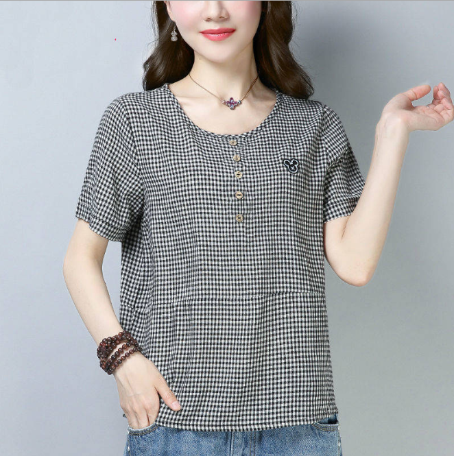 LUCKIN STORE Top for Women Women's Casual Shirt Plaid Short Sleeve Shirt Women's Top Summer T-shirt Plus Size Top