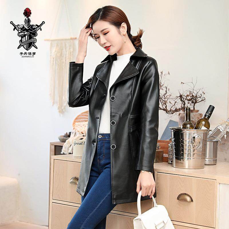 Plus Size Women Faux Leather Jacket Medium and long section Outerwear Autumn Long Sleeve Motorcycle PU Coat Fashion Single Breasted Black Coat