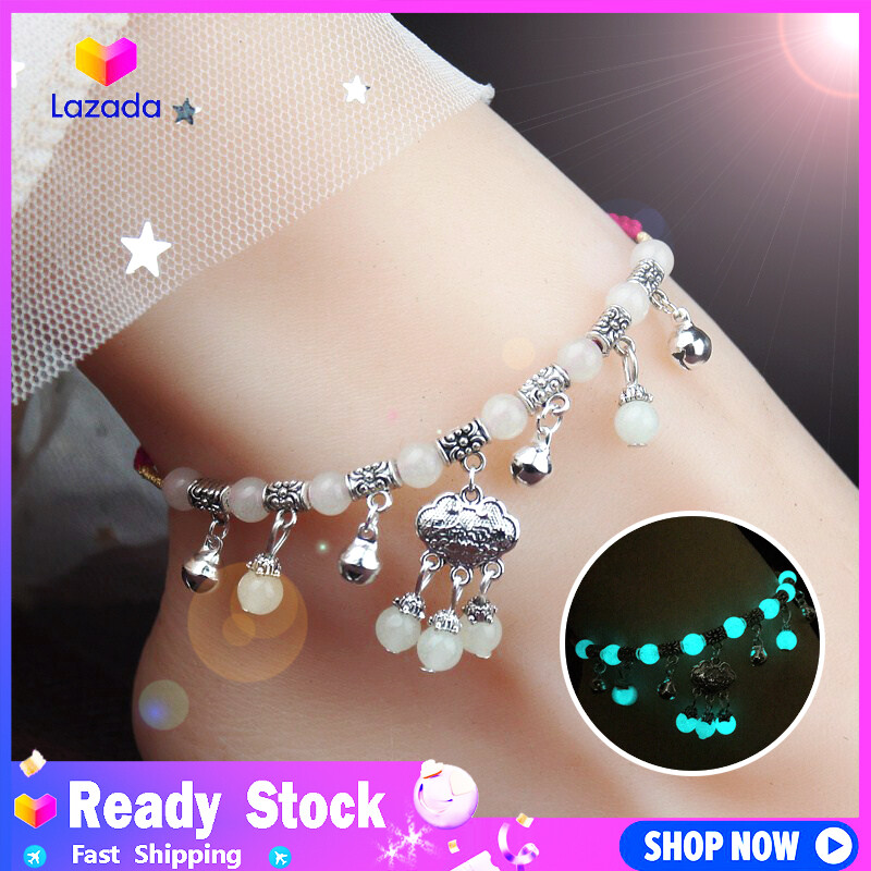 Silver Color  Bell Anklet Chain INS Fashion Retro Pearl  Tassel Handcrafted Ankle Bohemian Layered Chain Vintage Style Luminous Stones Ankle Bracelet Adjustable