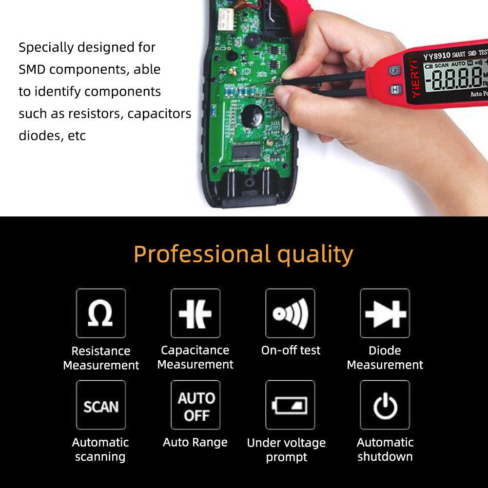 Yieryi Smart SMD Tester Electrical Multimeter Resistance Capacitance Continuity Diode Test Meter SMD Component Tester