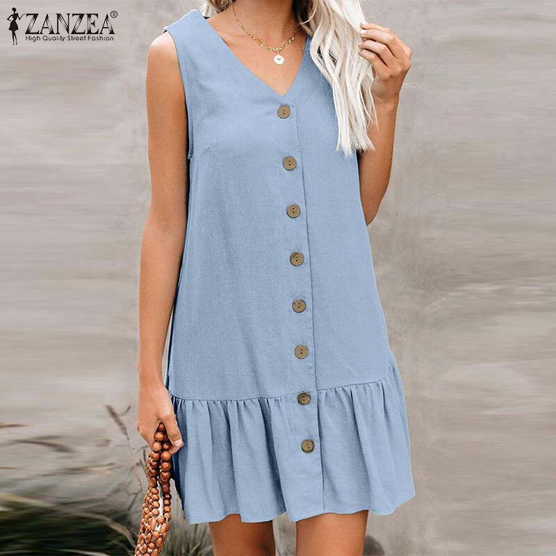 ZANZEA Womens Sleeveless Button Down Casual Plain Ruffles Hem Holiday Mini Dress
