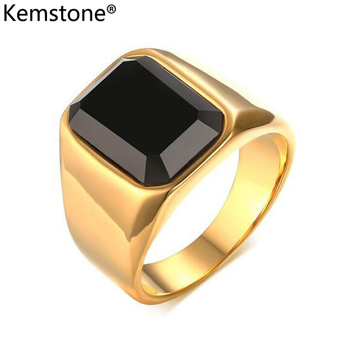 Kemstone Fashion Simple Stainless Steel Onyx Stone Ring for Men's Jewelry