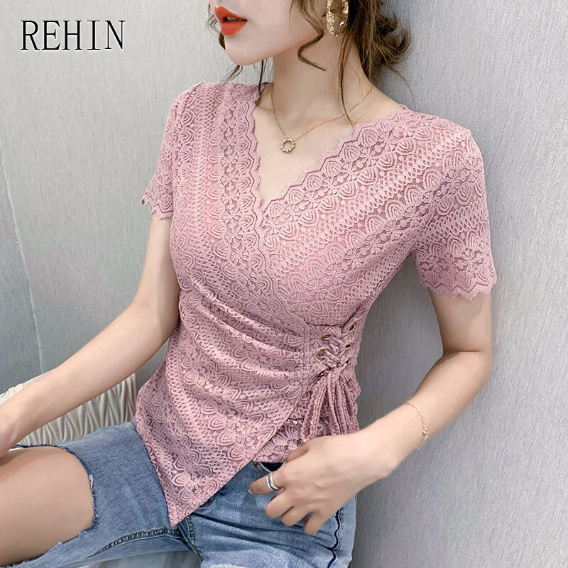 REHIN Women's top Short-sleeved shirt lace v-neck side drawstrings design blouse