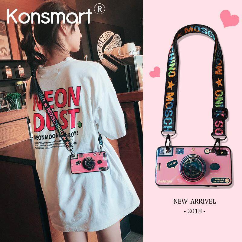 Konsmart untuk VIVO Y91C 3D Lucu Retro Casing Kamera untuk VIVO Y91C Fashion Grip Stand Pemegang Silikon Casing Ponsel Penutup dengan Adjustable selempang Lanyard