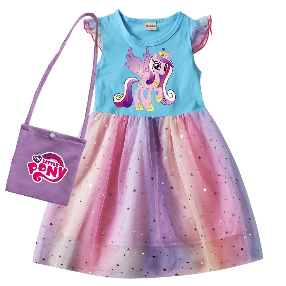 Ponys Girls Flutter Sleeve Star Mesh Dress Girls Baby Korean Style Fashion Print Cartoon Gauze Dress Summer Girls Clothes 8765