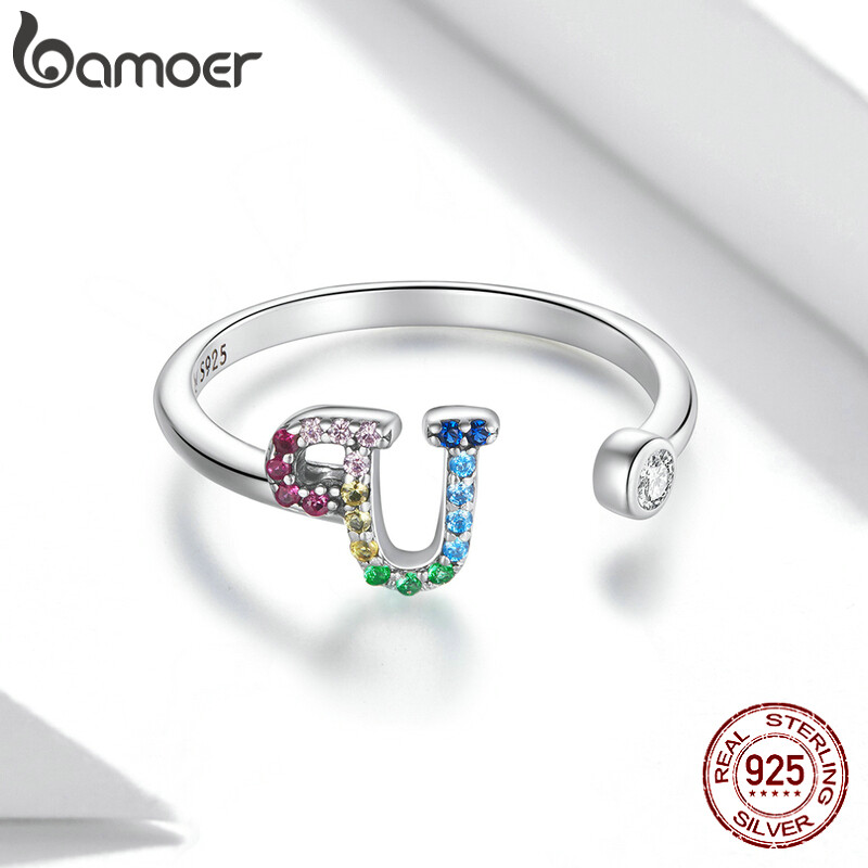 BAMOER 925 Sterling Silver Stackable Initial Letter Rings for Women Capital Letter Adjustable Ring Size 6-8 Jewelry SCR723