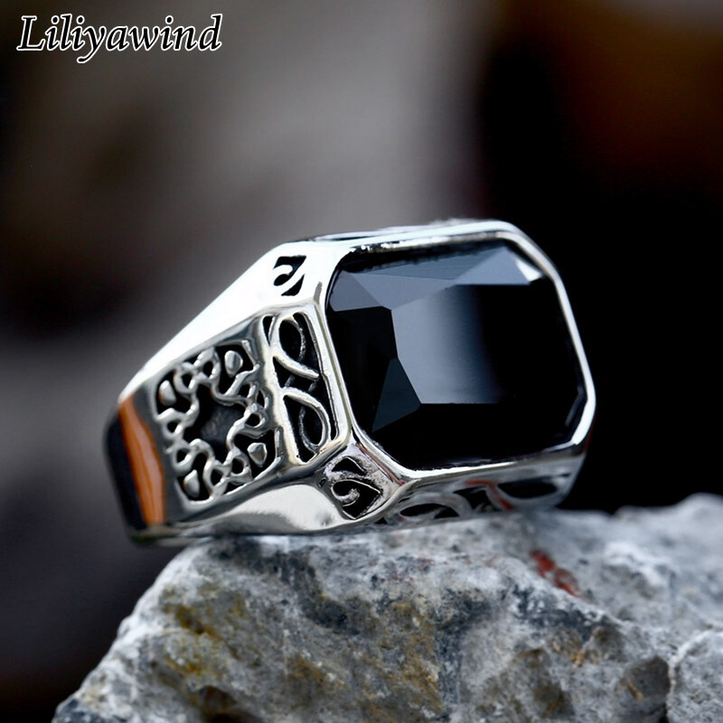 Liliyawind Stainless Stee Black Stone Men Rings Jewelry Gift A1R