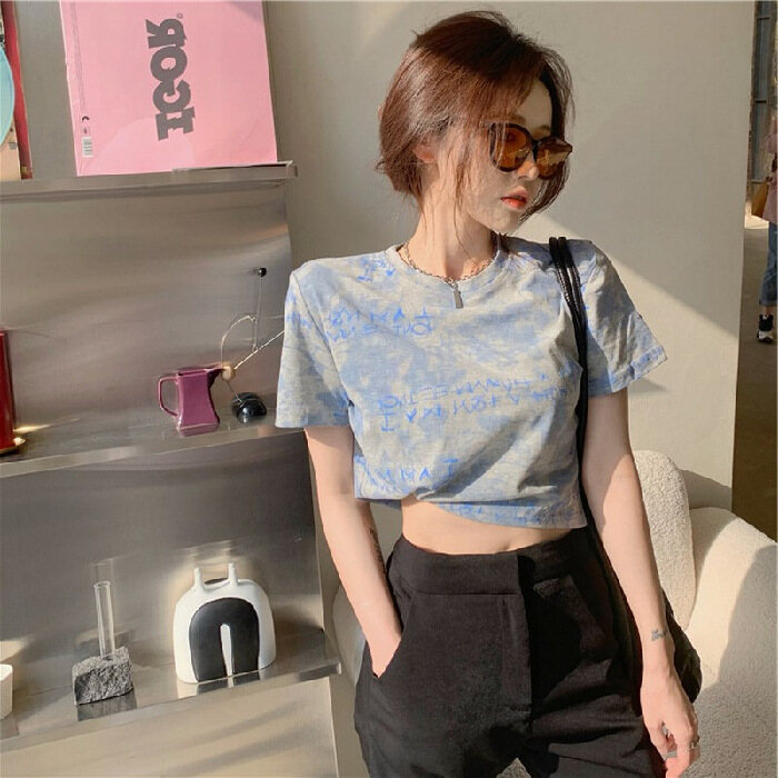 Crop top for women korea style tie dyed loose short sleeve slim tsshirt