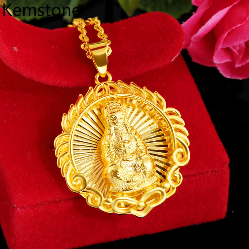 Kemstone Fashion 24K Gold Plated Copper Alluvial Gold Buddhism Lucky Pendant Necklace Jewelry Gift for Men