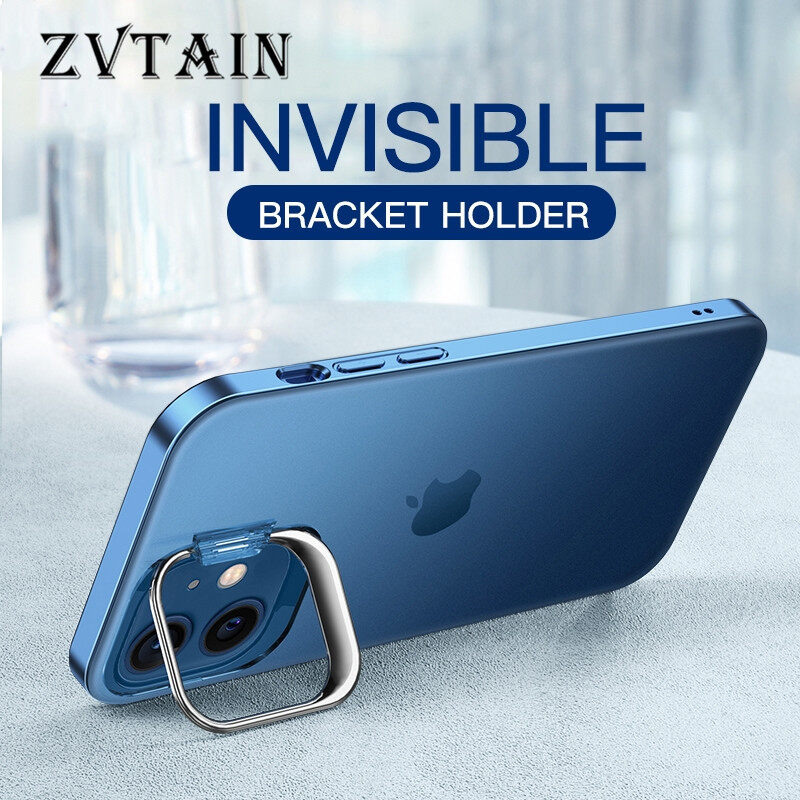 Transparent Ultra Thin Metal Holder Stand Phone Case For iPhone 12 13 Mini 11 12 13 Pro Max Camera Protector Hard PC Shockproof Cover