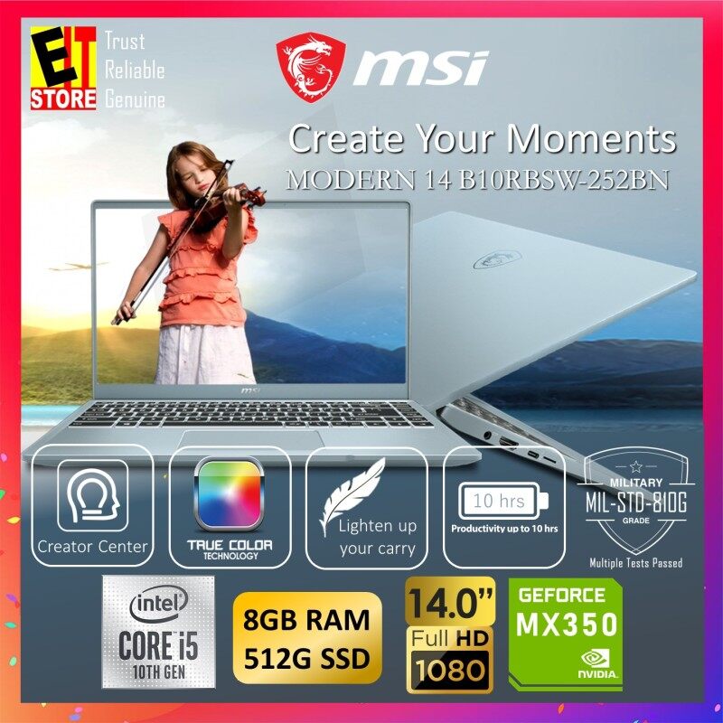 MSI MODERN 14 B10RBSW-252BN CREATION LAPTOP -BLUESTONE (I5-10210U/8GB/MX350 2GB/512GB SSD/14 FHD/W10/1YR INTERNATIONAL) + SLEEVE Malaysia