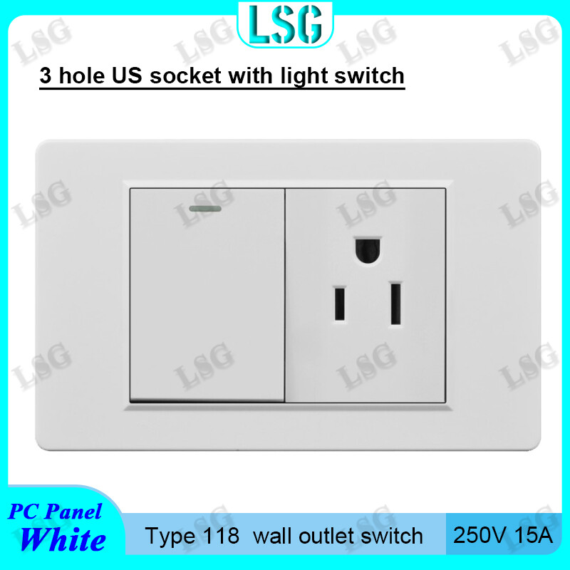 【LSG】Type 118mm wall switch outlet socket 3 pin US standard socket with 1 gang 2 way light switch Panel PC flame retardant 250V 15A Household Safety Universal outlet