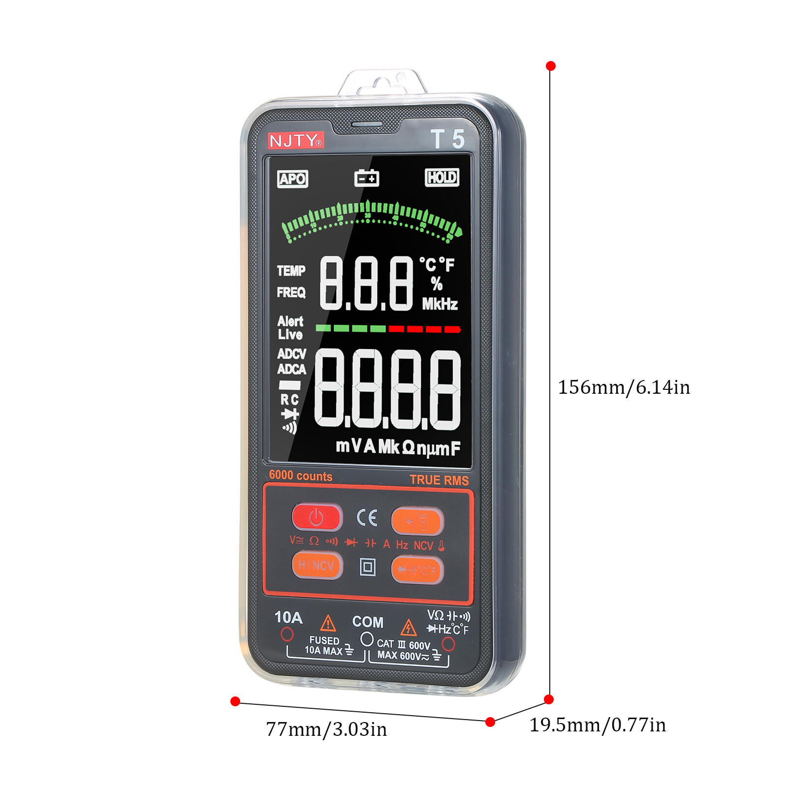 NJTY Đồng Hồ Vạn Năng RMS Thật Đếm T5 6000 Máy Kiểm Tra Thông Dụng Kỹ Thuật Số Máy Kiểm Tra Đa Năng Màn Hình LCD Lớn 3.8 Inch Vôn Kế 600V Ampe Kế 10A Vôn Kế Điện Áp AC/DC & Điện Trở Dòng Điện Thiết Bị Đo Điốt Nhiệt Độ Điện Dung Máy Đo NCV Với đèn Pin Kép