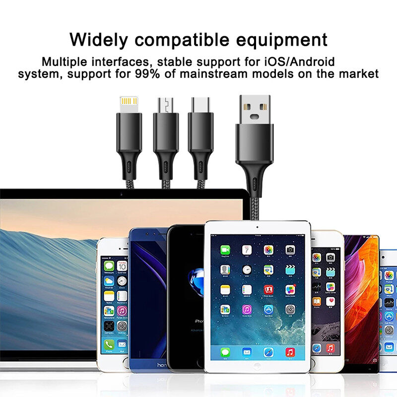 3 in 1 USB Cable Fast Charging USB Type-C Cable for iPhone 14 13 Pro Samsung Xiaomi Micro Lightning Data Cord