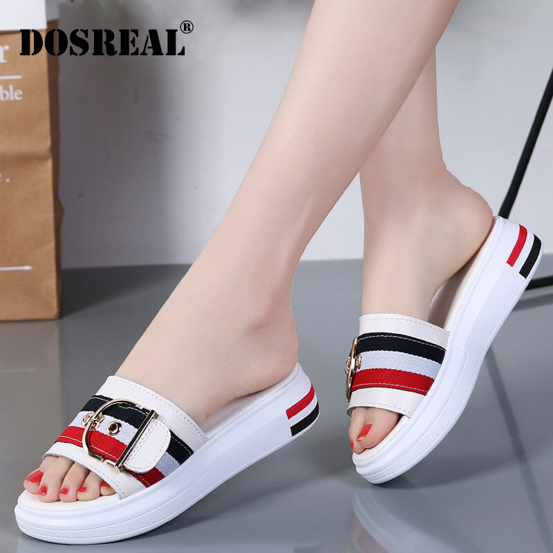 DOSREAL New Summer Shoes Women Slippers White Leather Women Sandal Open Toe Flat Korean Slides Soft Sole Outdoor Beach Shoes