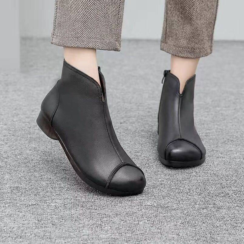 RQE026 Mẹ Giày Ủng Chất Liệu Da Mềm Đế Gân Bò Bốt Cổ Thấp Nữ Mary Jane Bốt Martin Hoài Cổ Giày Ủng Chất Liệu Da Đơn Trung Niên Mùa Thu Và Mùa Đông Giày Đơn giá rẻ