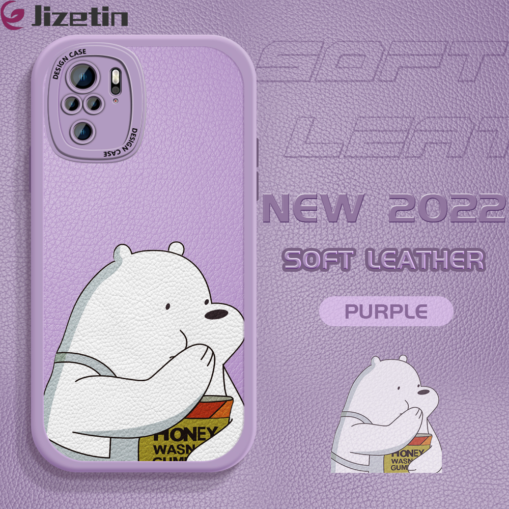 (Leather Case) Jizetin Phone Casing For Xiaomi Redmi Note 10 Note 10 5G Note 10 Pro Note 10S Slim Skin Feeling Bare Bears Cartoon Ice Bear Panda Grizzly Leather Back Casing Soft Silicone PU Leather Cover Phone Case