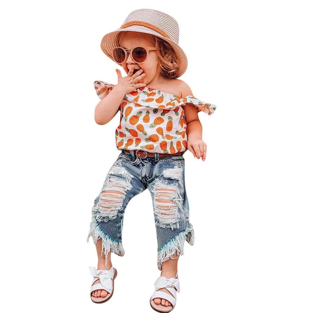 Toddler Kids Baby Girls Outfits Clothes Pineapple Print Shirt Top+Hole Jeans Set