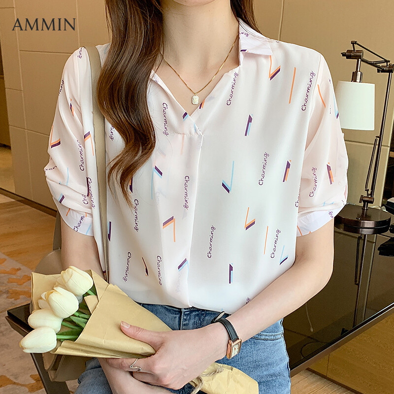 AMMIN Tops 2021 summer new fashion sweet print elegant temperament short-sleeved blouse women's V-neck small fresh printed chiffon shirt