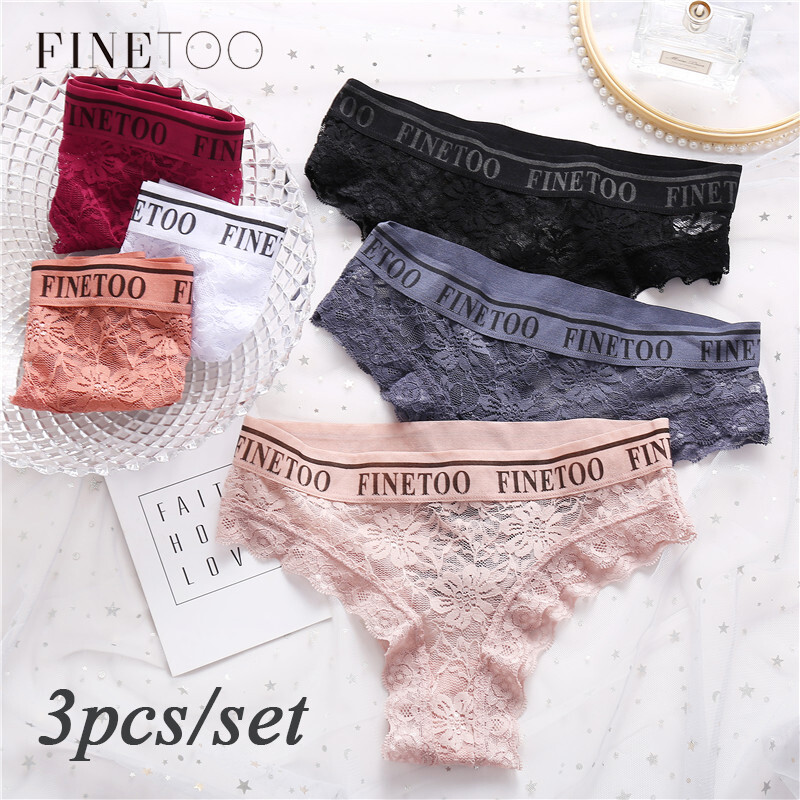 FINETOO 3Pcs/set Lace Panties Women Fashion Girls Briefs Comfortable Lingerie Letter Women's Underpants Low Waist Underwear