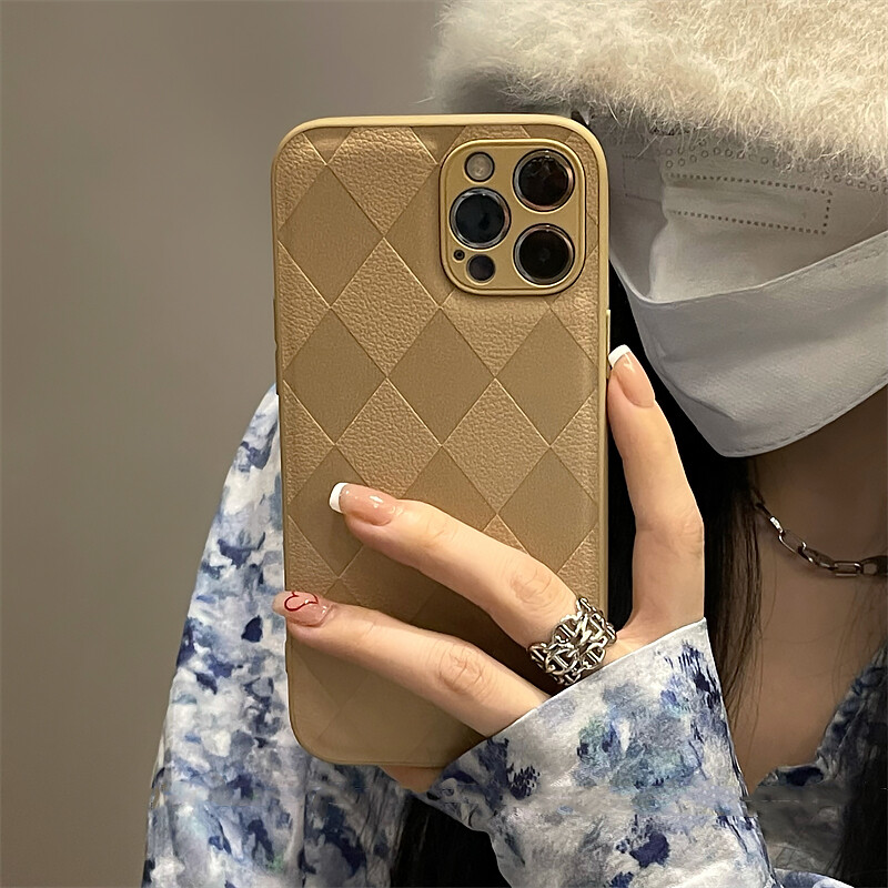 CrashStar Diamond-type Lattice Leather Phone Case For iPhone 15 14 Pro Max Plus 13 12 11 Pro Max Mini XS XR X 8 7 Plus + SE 2020 Simple Fashion Hard Shockproof Phone Casing With Full Cover Lens Camera Protection