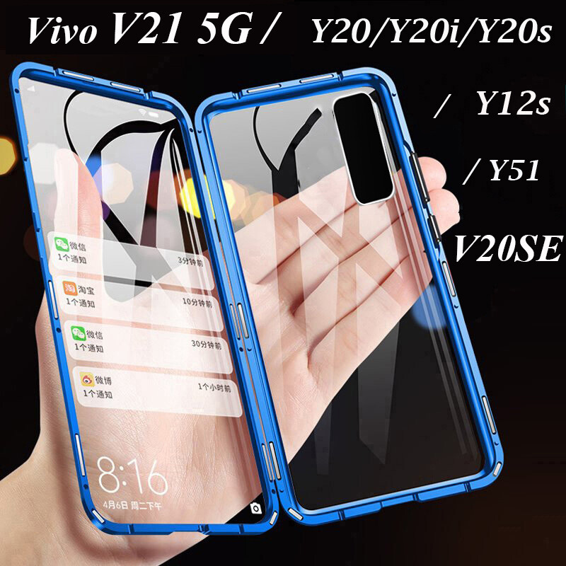 For Vivo V27 5G/V27e 4G/Y02s/Y16/Y77 5G/Y76 5G/V23e 5G/Y15s/Y15A/X70/X70 Pro/Y51/Y12s/Y20/Y20s/Y20i/Y33S/Y21/T/V21 5G/V20 SE Front and Back Tempered Glass Magnetic Metal  protect Case Two-sided Tempered Glass Magnet 360 Full Cover Case