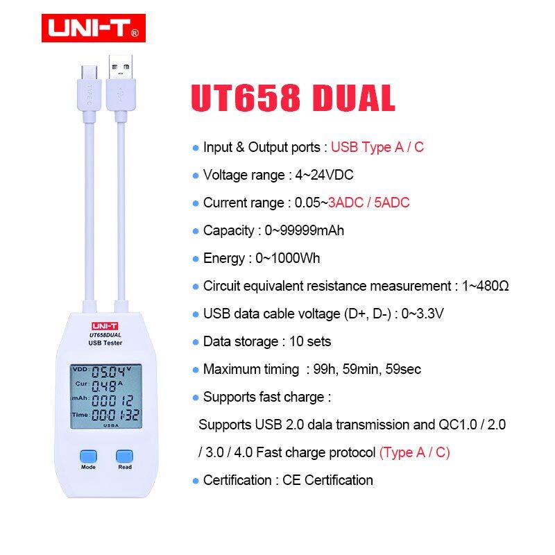 【100% original 】 diymore UNI-T UT658 series USB Power Meter and Tester USB-A and USB-C Digital Meter for Voltage/Current/ Capacity/Energy/Resistance
