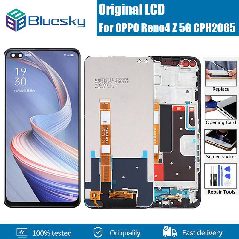 Bluesky 6.57inch screen original for oppo reno4 z 5g lcd display touch digitizer screen sensor with frame reno 4 z cph2065 lcd