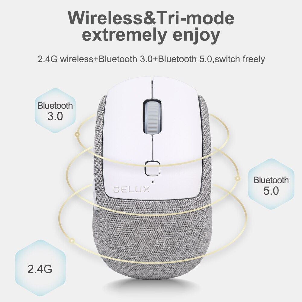 Delux Chuột Không Dây Im Lặng M520DB Chuột Mini Đa Chế Độ BT 5.0 3.0 + 2.4Ghz Với Vỏ Bọc Vải Có Thể Thay Thế Cho Máy Tính