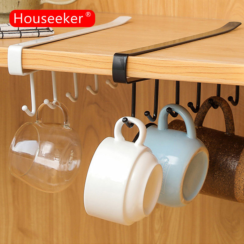Houseeker 6 Hooks Iron Kitchen Organizer Rack Kitchenware Cup Towel Hanging Holder Cabinet Door Shelf Storage Racks